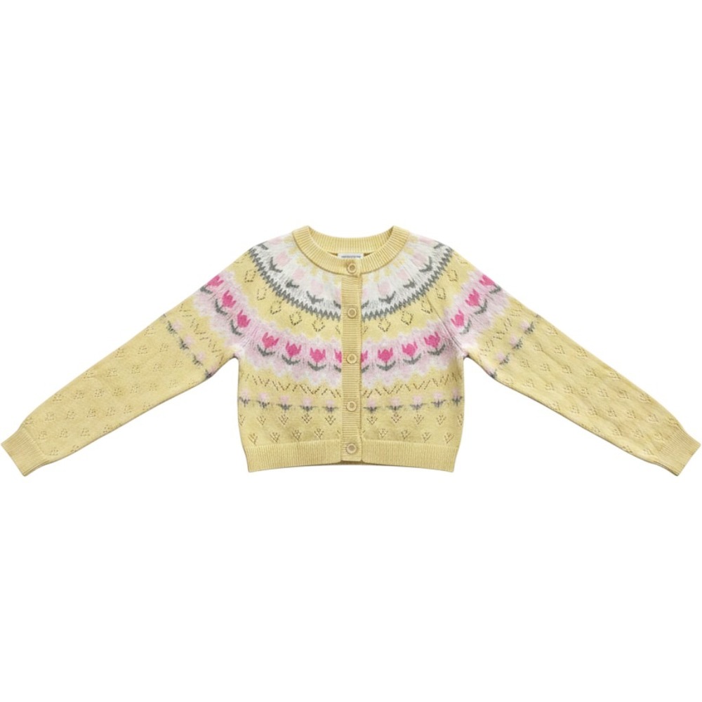 Freshman‎ 1996 Yellow Floral Fair Isle Pointelle Knit Cropped Cardigan Sweater M